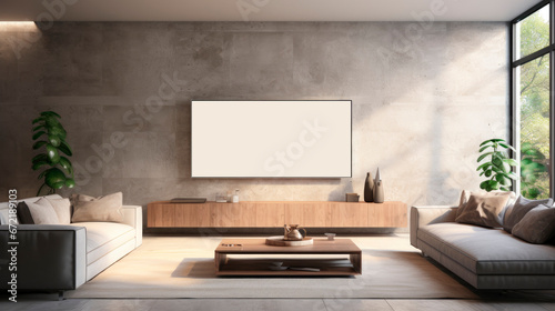 TV on cabinet mockup in living room at  the concrete wall