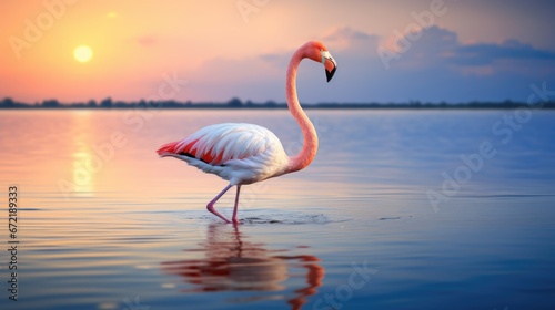 Pink big bird Flamingo in the water. Wildlife animal scene from nature.