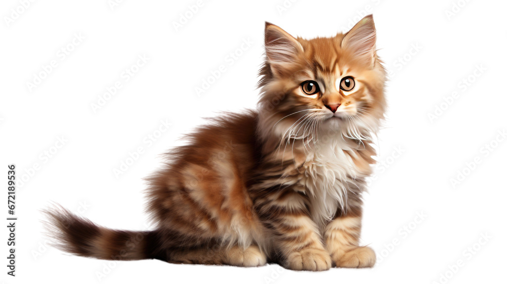 Funny striped kitten sitting and smiling isolated on transparent