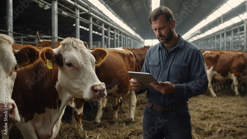 On a cow farm, the modern, tech-savvy farmer manages processes efficiently, holding a tablet in his hands to conduct research and enter data into a database