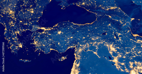 Fototapeta Naklejka Na Ścianę i Meble -  Turkey country at night from space, satellite photo. Elements of this image furnished by NASA.