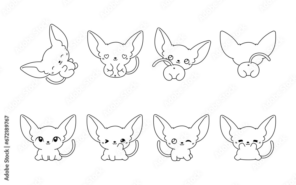 Set of Kawaii Isolated Sphynx Cat Coloring Page. Collection of Cute Vector Cartoon Baby Cat Outline for Stickers, Baby Shower, Coloring Book, Prints for Clothes