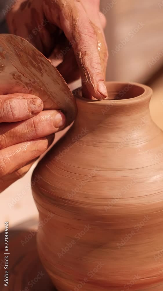 Potter making ceramic vase on a pottery wheel creating a shape with a steel rib and his fingers . Potter making ceramic vase on a pottery wheel creating a shape with a steel rib and his fingers .
