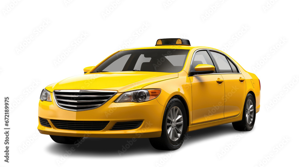 Yellow taxi car with roof sign on transparent background - obrazy, fototapety, plakaty 