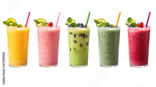 Set of classical fresh delicious smoothies decorated with fruits and berries isolated on transparent background. Vegan natural healthy drinks