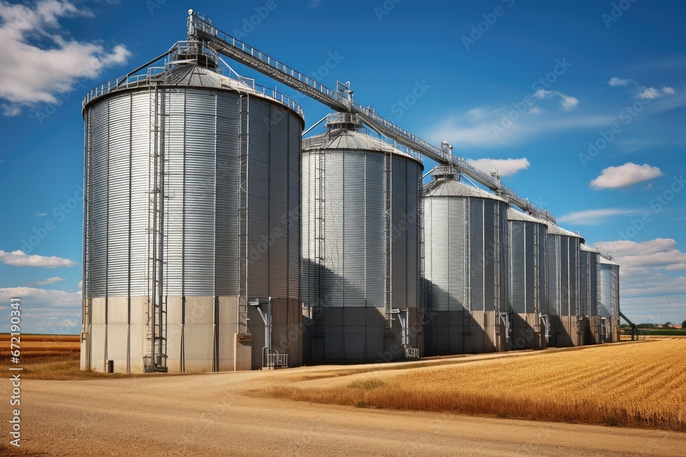Agricultural silo granary in wheat field. Storage of agricultural products