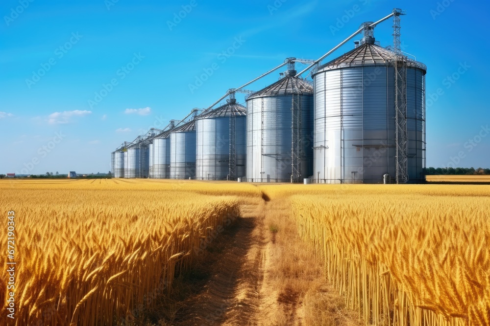 Agro silo granary in wheat field. Storage of agricultural products Agro silo granary in wheat field. Storage of agricultural products