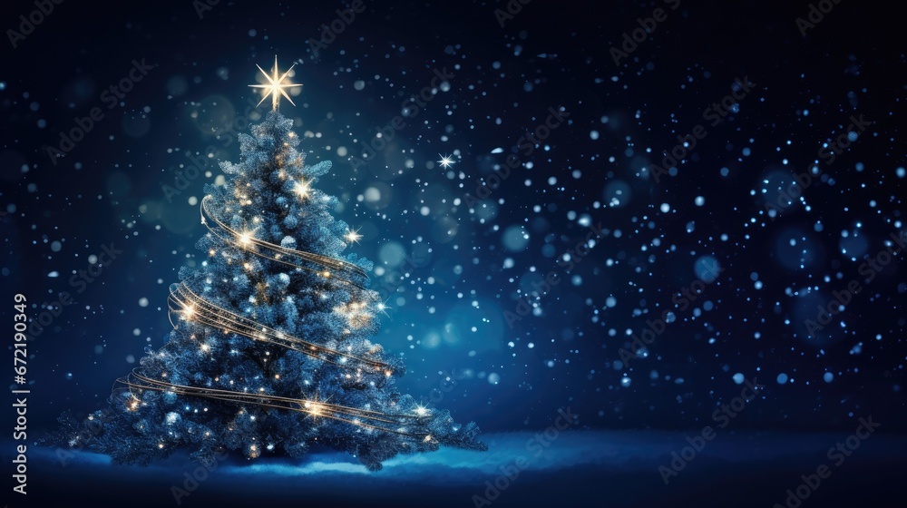 custom made wallpaper toronto digitalMagic Christmas tree with lights on dark blue background. Holiday card. Copy space