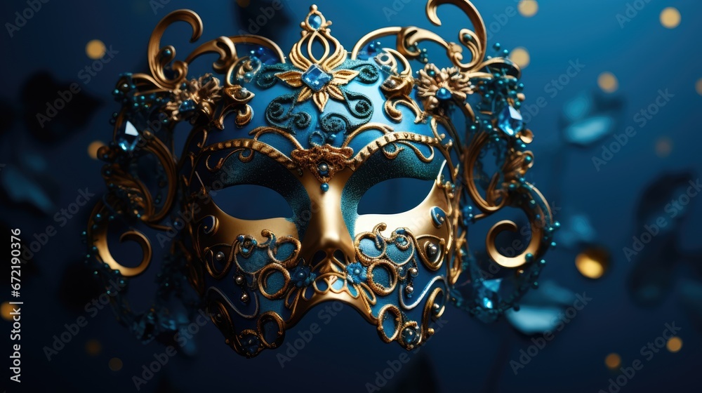 Festive Venetian carnival mask with gold decorations on dark blue background.