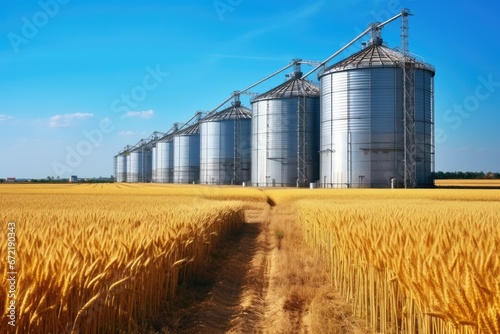 Agro silo granary in wheat field. Storage of agricultural products