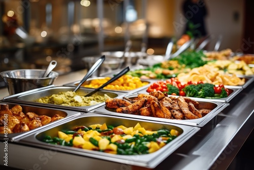 Catering buffet food on a long table in a hotel restaurant photo
