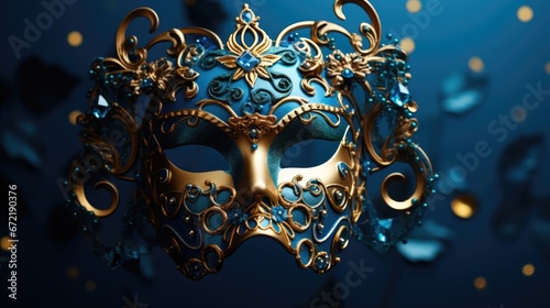 Festive Venetian carnival mask with gold decorations on dark blue background. © Lubos Chlubny