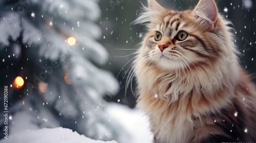 Fluffy cat in a winter landscape. © Lubos Chlubny