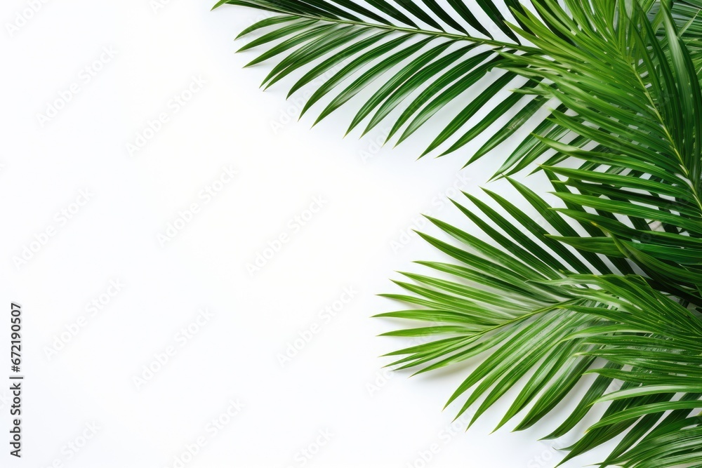Summer tropical composition with green palm leaves on white background. Generative AI
