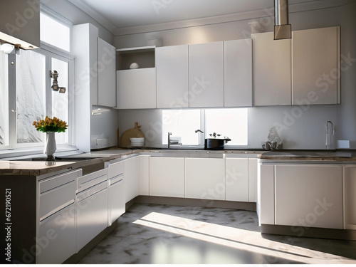 full white kitchen view in white minimal modern style with a ray of light, mockup photo