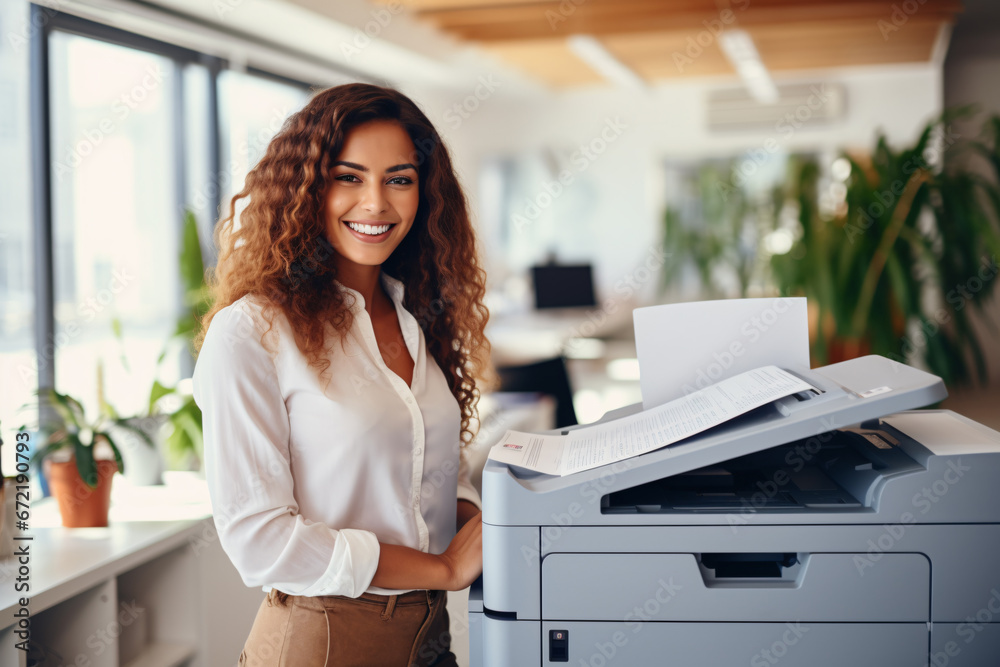 Office worker prints paper on multifunction laser printer. Document and paperwork concept. Secretary work. Smiling woman working in business office. Copy, print, scan, and fax machine. - obrazy, fototapety, plakaty 