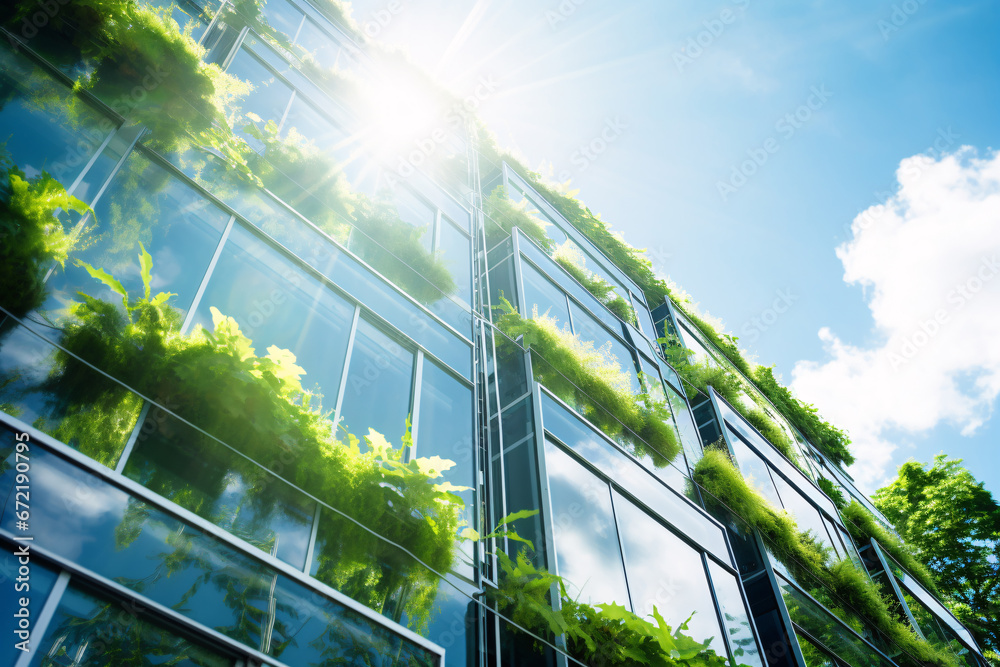 Eco-friendly building in the modern city. Sustainable glass office building with tree for reducing carbon dioxide. Office building with green environment. Corporate building reduce CO2. Eco-friendly building in the modern city. Sustainable glass office building with tree for reducing carbon dioxide. Office building with green environment. Corporate building reduce CO2.