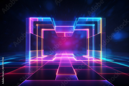 Abstract neon light geometric background. Glowing neon lines. Empty futuristic stage laser. Colorful rectangular laser lines. Square tunnel. Night club empty room. Laser show design. photo