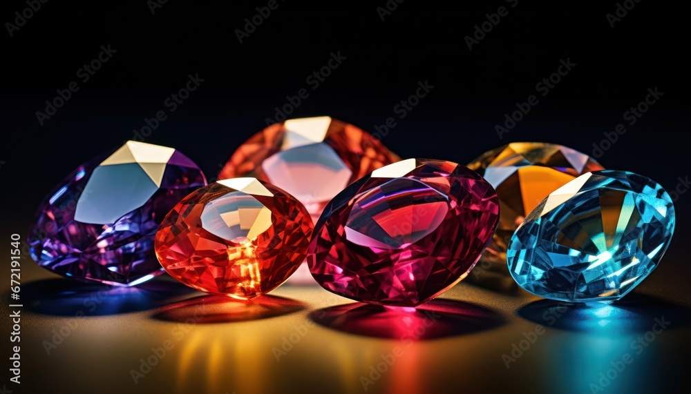 Photo of a Captivating Display of Multicolored Diamonds Sparkling on a Table Photo of a Captivating Display of Multicolored Diamonds Sparkling on a Table