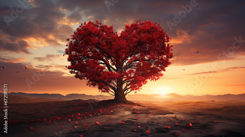 Love for the Environment: A Tree with a Heart at Sunset