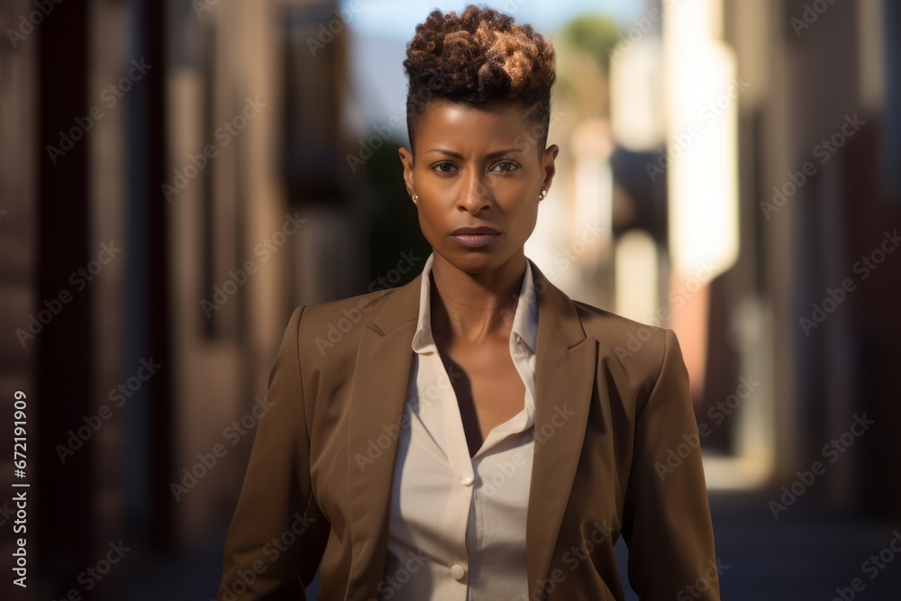 Obraz premium Focused Determination: Woman’s Strong Presence in Urban Setting