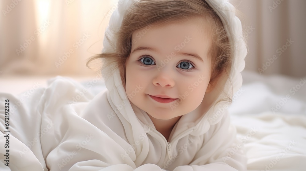 A beautiful child smiles on a white bed in a bright room. A beautiful child smiles on a white bed in a bright room.