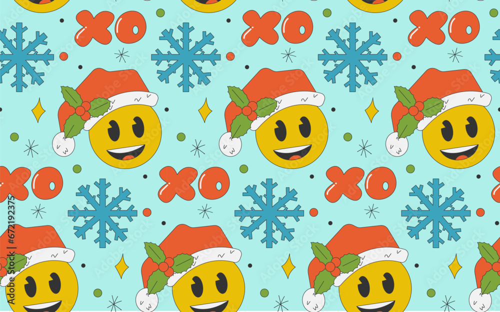 Groovy retro pattern with xmas emoticon and snowflake on blue background. Christmas seamless with happy face. Vector illustration
