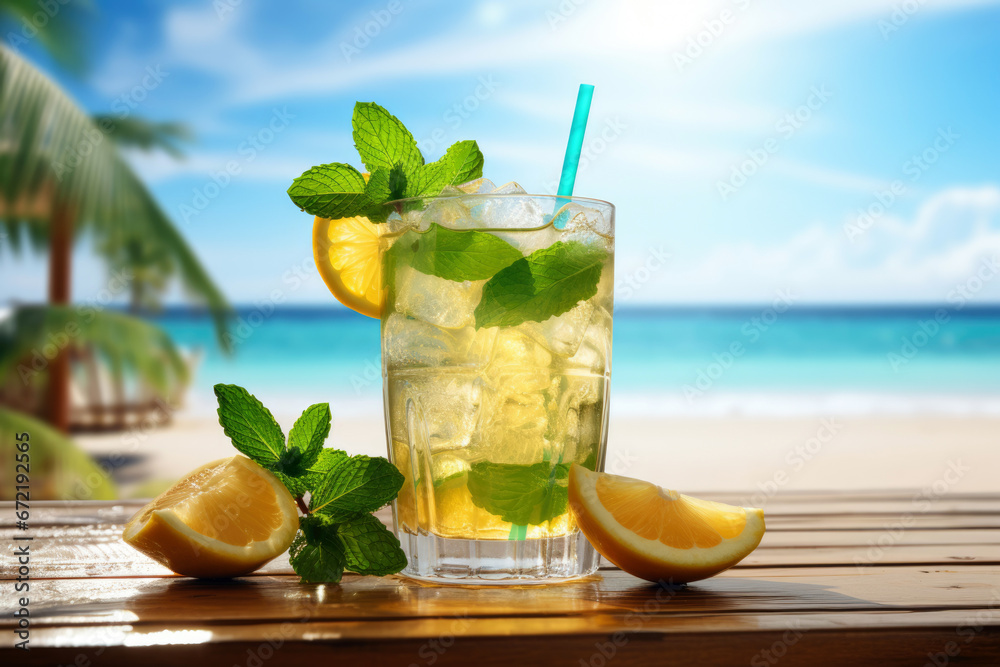 Fototapeta premium A pineapple mojito cocktail with a beach sunset background ai generated