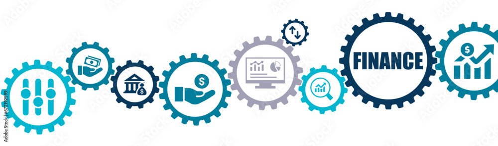 Finance investment banner vector illustration with the icons of asset management, stock exchange, market, bank, analysis, ROI, money and fintech on white background