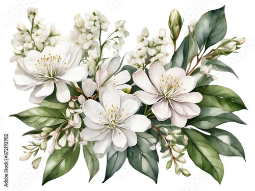 Branch of cherry blossom. watercolor white jasminum sambac flowers arrangement in bouquet. 