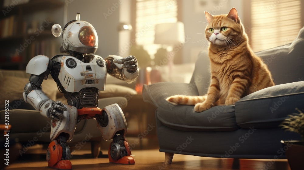 Amusing Interaction: Ginger Cat's Playful Antics with a Robot Cleaner in a Living Room Amusing Interaction: Ginger Cat's Playful Antics with a Robot Cleaner in a Living Room