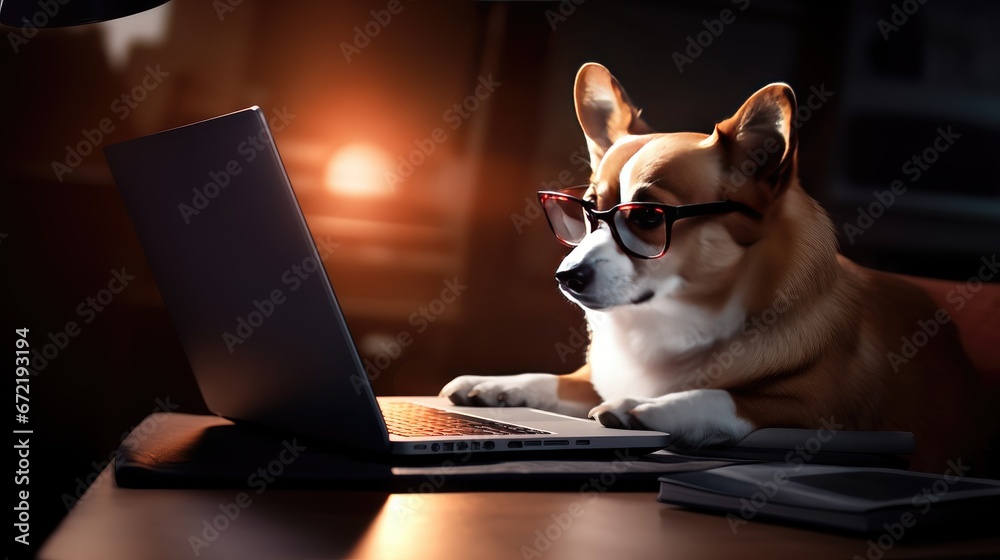 Tech-Savvy Corgi: Clever Canine with Glasses Browsing the Digital World on a Laptop