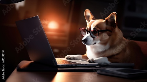 Tech-Savvy Corgi: Clever Canine with Glasses Browsing the Digital World on a Laptop