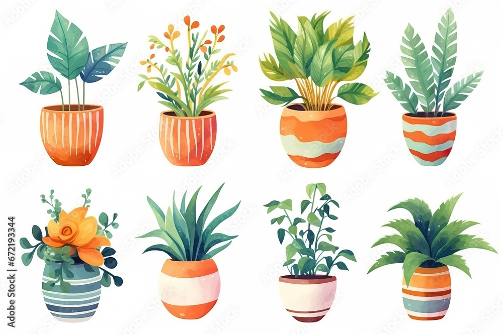 Watercolor Houseplants Set Collection.
