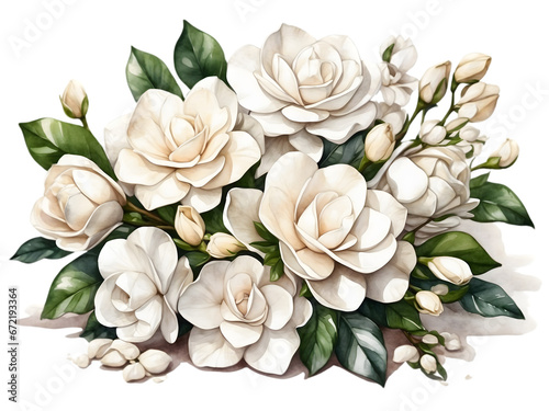 Watercolor white gardenia flowers arrangement in bouquet. Flower element for decoration.