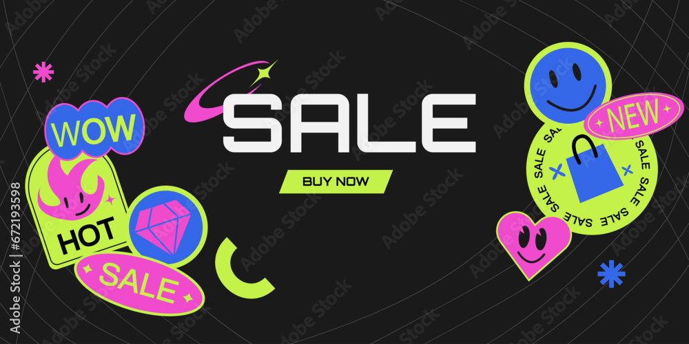 Y2k acid background with cartoon sticker. Bright neon promotion banner. Y2k Patches Collage. Banner for business, marketing and advertising.