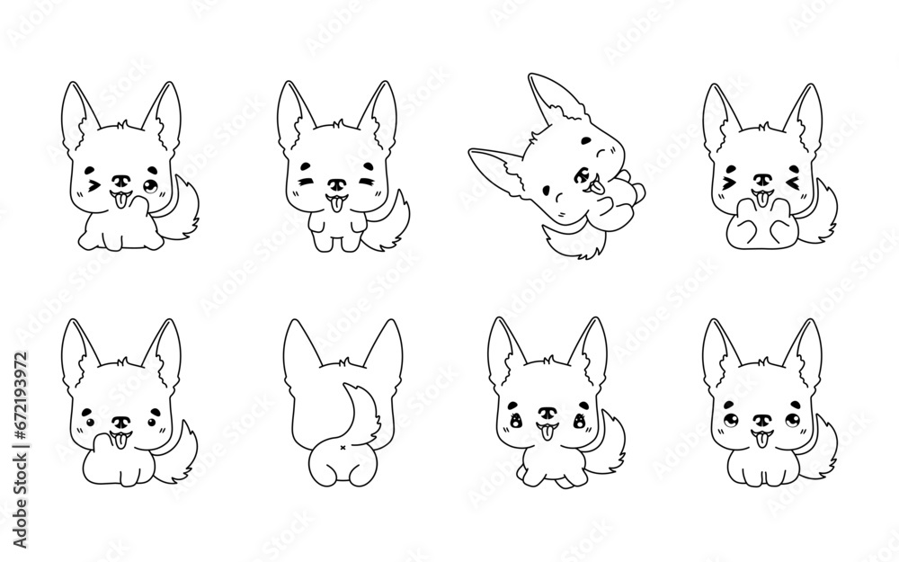 Set of Kawaii Isolated German Shepherd Dog Coloring Page. Collection of Cute Vector Cartoon Animal Outline for Stickers, Baby Shower, Coloring Book, Prints for Clothes