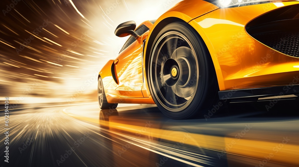Close-up of wheel of fast sports car on highway.