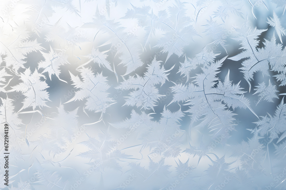 Frosty natural pattern on window glass. Abstract winter background ai generated art