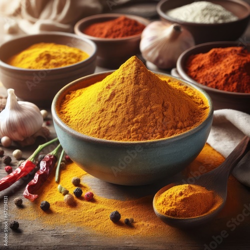 spices and herbs on a bowl on  wooden table
