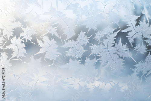 Frosty natural pattern on window glass. Abstract winter background ai generated art