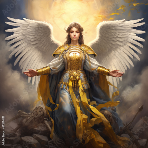 Angel with white wings in the dark stormy sky. Fantasy illustration.