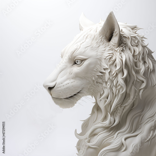 Statue of a white lion on a white background, close-up.