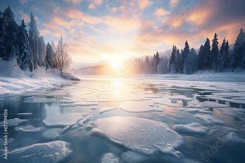 Winter landscape with frozen lake and forest at sunset. Beautiful nature background ai generated art © mihail