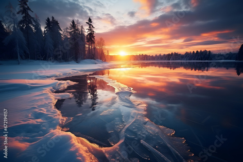 Beautiful winter landscape with frozen lake and snow-covered forest at sunset ai generated art © mihail