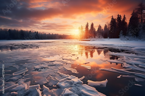 Frozen lake at sunset. Beautiful winter landscape with frozen lake ai generated art © mihail