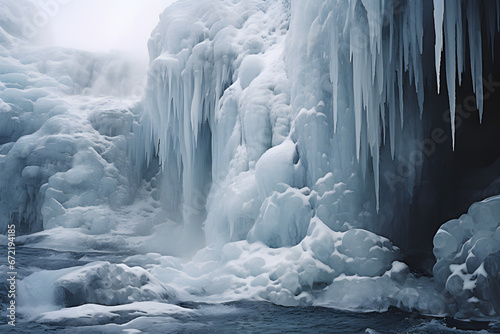 Beautiful winter landscape with frozen waterfall and icicles. Toned. ai generated art
