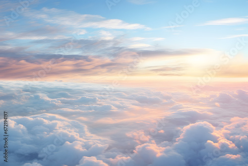 Clouds at sunset as seen through window of an aircraft flying above the clouds ai generated art photo