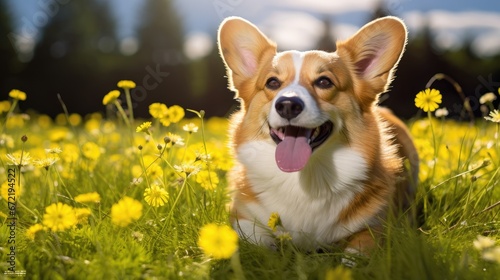 Springtime Bliss: Happy Corgi Dog Sitting in a Dandelion-Filled Meadow, Smiling in the Sun.