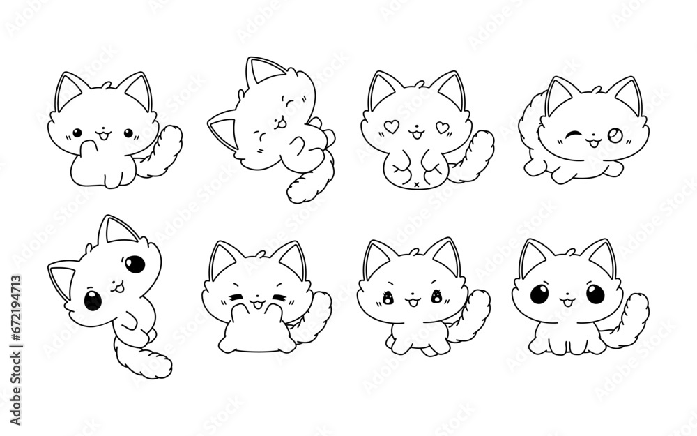 Set of Kawaii Isolated Ragdoll Cat Coloring Page. Collection of Cute Vector Cartoon Baby Animal Outline for Stickers, Baby Shower, Coloring Book, Prints for Clothes